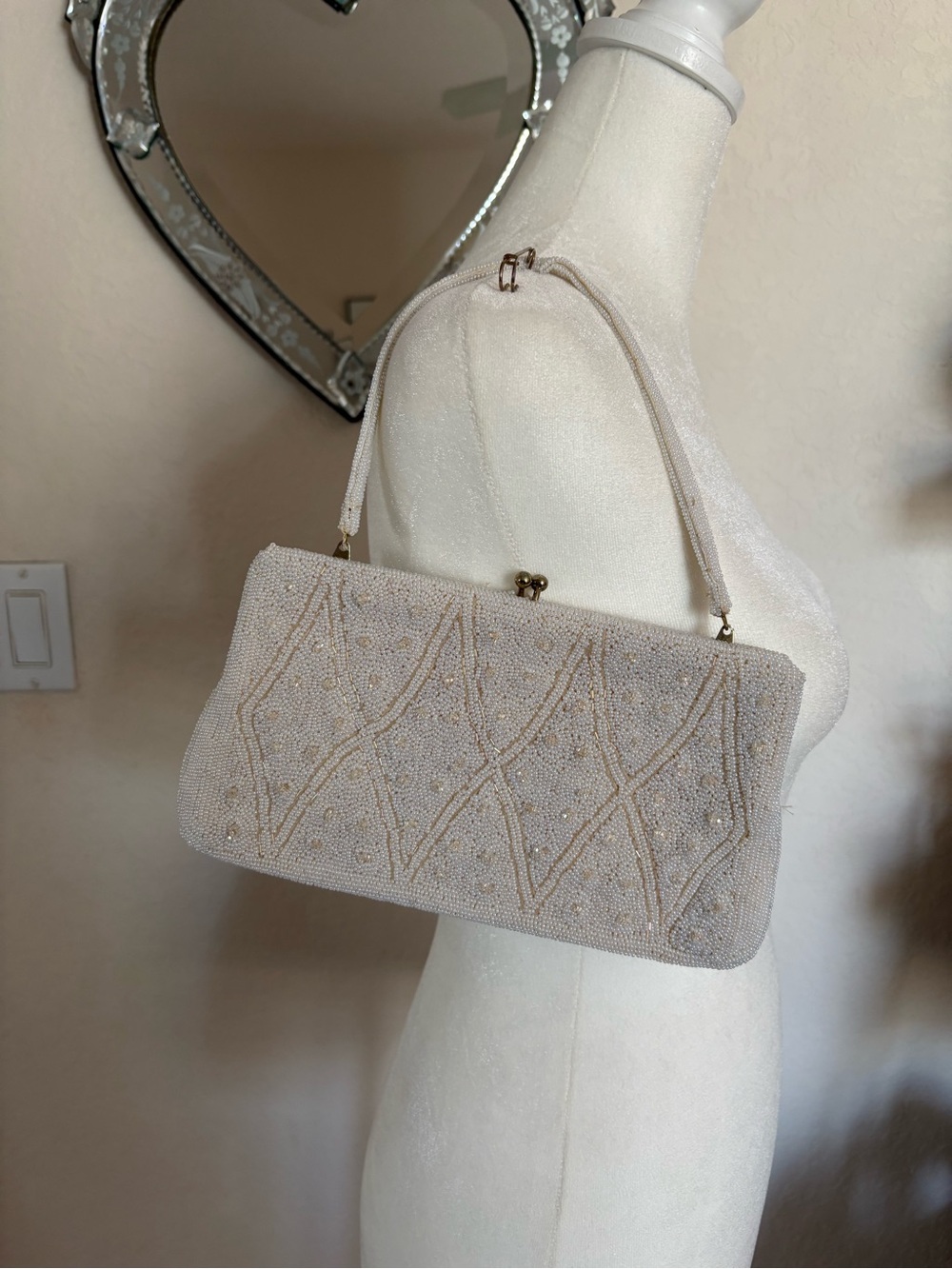 Elegant Beaded Vintage Cream Evening Handbag
